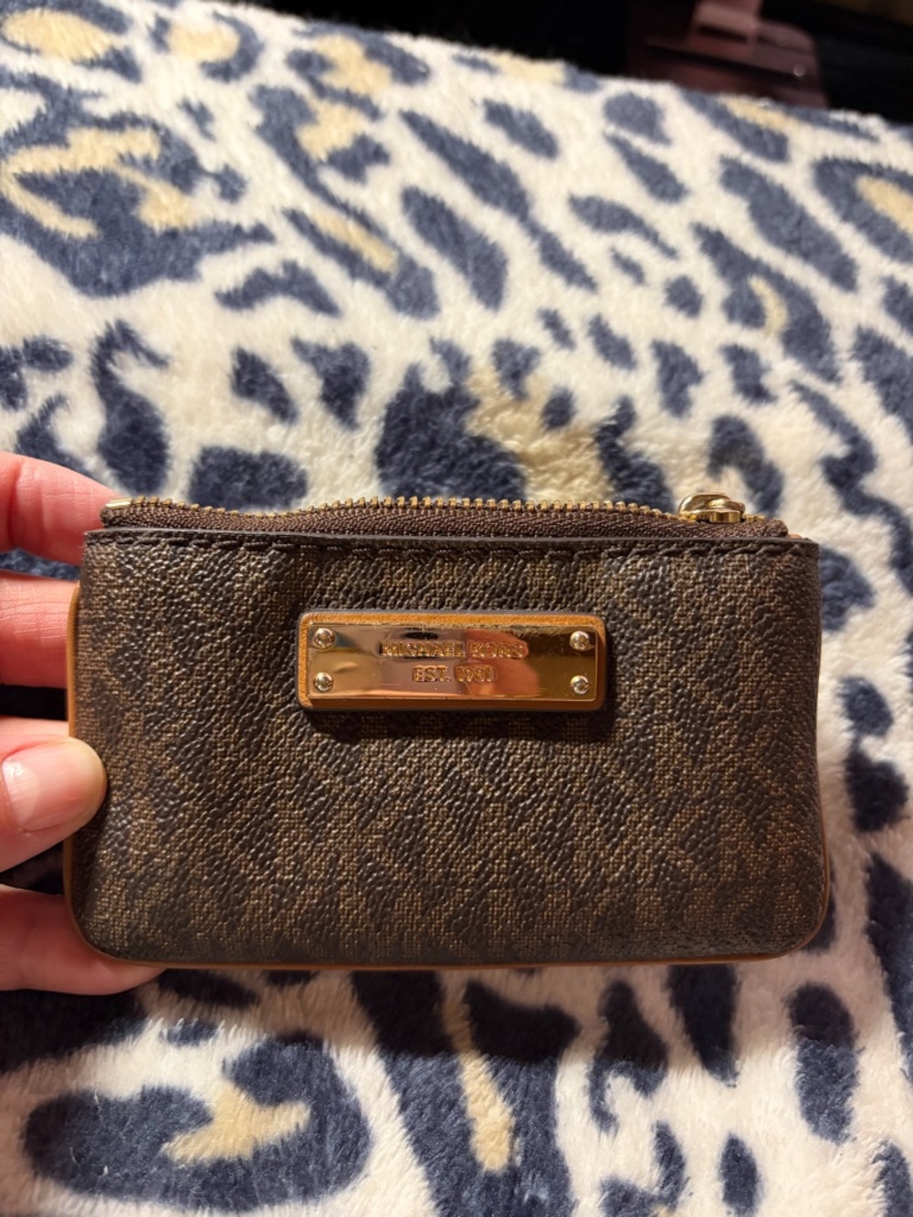 Michael Kors Brown Textured Zip Coin Pouch with Gold Plate